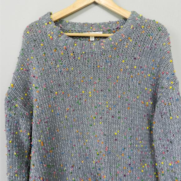 Seven7 Chunky Knit Rainbow Confetti PomPom Sweater Sz L Gray Pullover Jumper - Picture 3 of 10